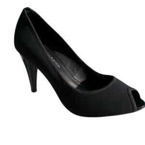 Donald Pliner Black Crepe Elastic Peep-Toe Pump Shoe Patent Leather NWT $245 NWT